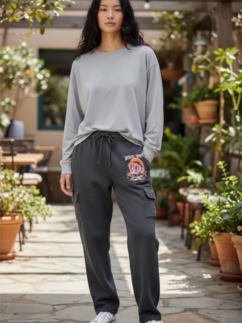 Mighty Fine Charcoal Cargo Joggers with Floral Graphic